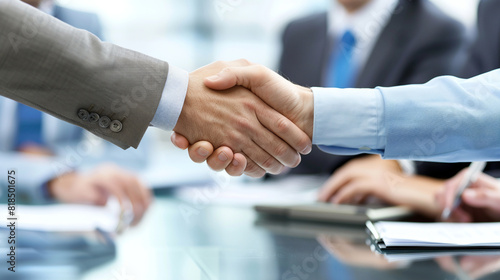 Corporate partners shaking hands over a conference table, representing a successful business deal and teamwork, with documents and laptops visible.
