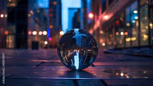 A large perfect smooth shiny silver orb in the city Gutter at night