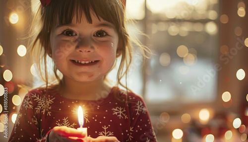 a happy little girl smiling and holding a birthday candle, wearing Christmas pajamas with a snowflake pattern