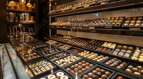 Chocolate boutique selling a variety of chocolates displayed on the walls in exquisite packaging Chocolate shop. Generative AI. photo