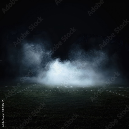 empty football stadium with bright lights shining on the green grass at night, creating a dramatic and immersive atmosphere for a sporting event or other activity.