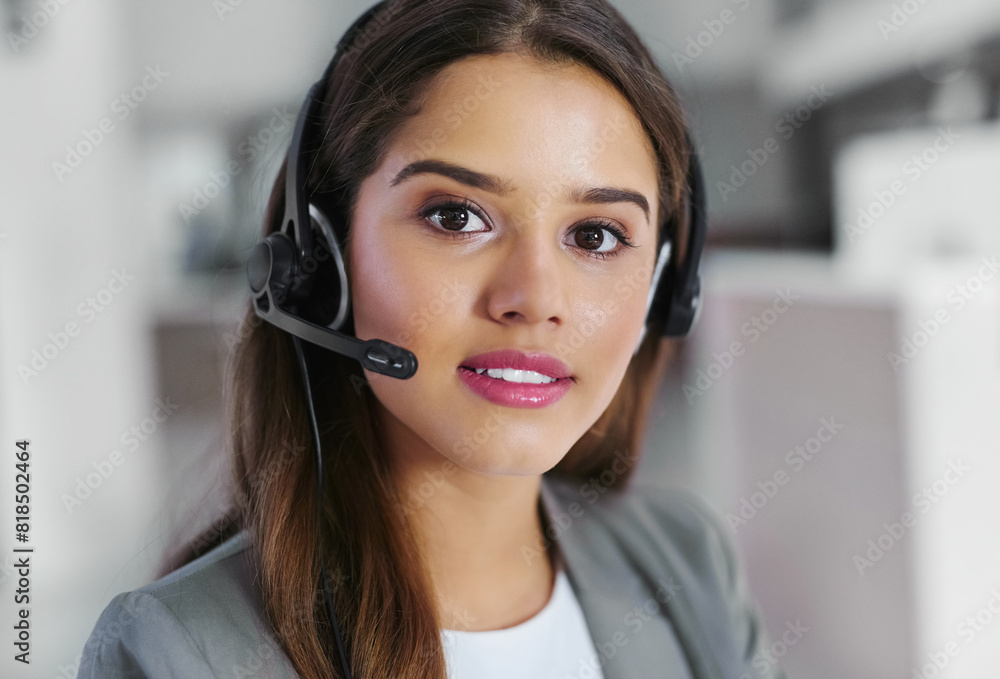 Customer service, business and portrait with woman in office for call center, support and communication. Consultant, headset and smile with tech at work for inbound sales, telemarketing and telecom Customer service, business and portrait with woman in office for call center, support and communication. Consultant, headset and smile with tech at work for inbound sales, telemarketing and telecom