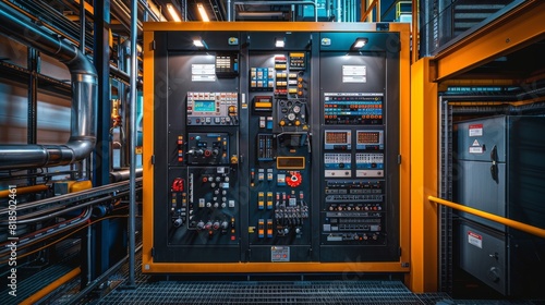 Detailed view of an oil pipeline pumping station, with control panels and safety measures visible photo