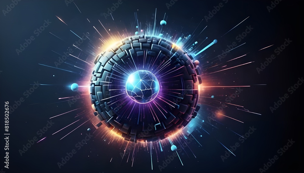 Fototapeta premium Abstract tech background with digital particles explosion, quantum core and computing network system, artificial intelligence and global data connections