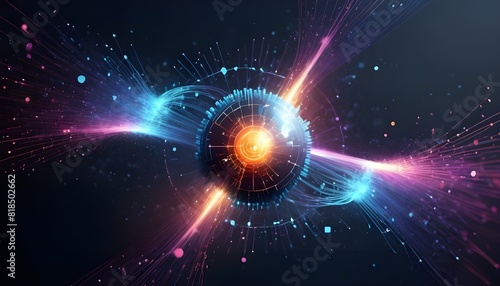 Abstract tech background with digital particles explosion, quantum core and computing network system, artificial intelligence and global data connections