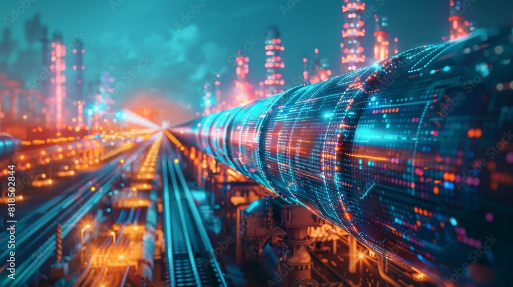Double exposure of a gas pipeline overlaid with research data and business strategies Double exposure of a gas pipeline overlaid with research data and business strategies