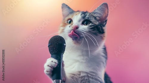 A charming calico cat crooning a sweet song, holding a mic in its paw, set against a soft pastel backdrop in a studio photo