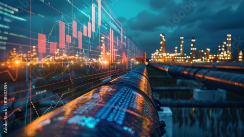 Double exposure of an oil pipeline overlaid with digital financial data and research charts