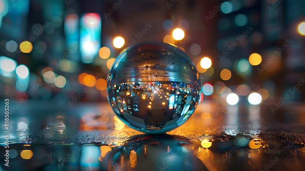 A glass ball with a reflection of a blurred night city lights in it on a reflective surface with a blurry background. A glass ball with a reflection of a blurred night city lights in it on a reflective surface with a blurry background.