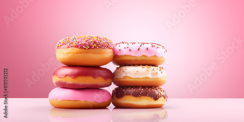 A stack of donuts with different toppings on them Yummy Desserts Tempting treats on pink background 