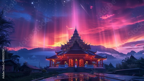 Complementary pink aurora bathed in sky of countryside of Thailand, Thai traditional temple. Generative AI.