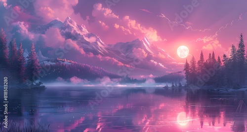 Dreamy Fantasy World with Pink Sky, Clouds, Distant Mountains, Snowcapped Peaks, and Lakes in Anime Style © Zheng