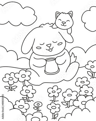 cute bunny in flower garden. coloring book

