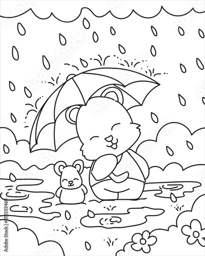 Cute bear enjoying the rain. Coloring book
