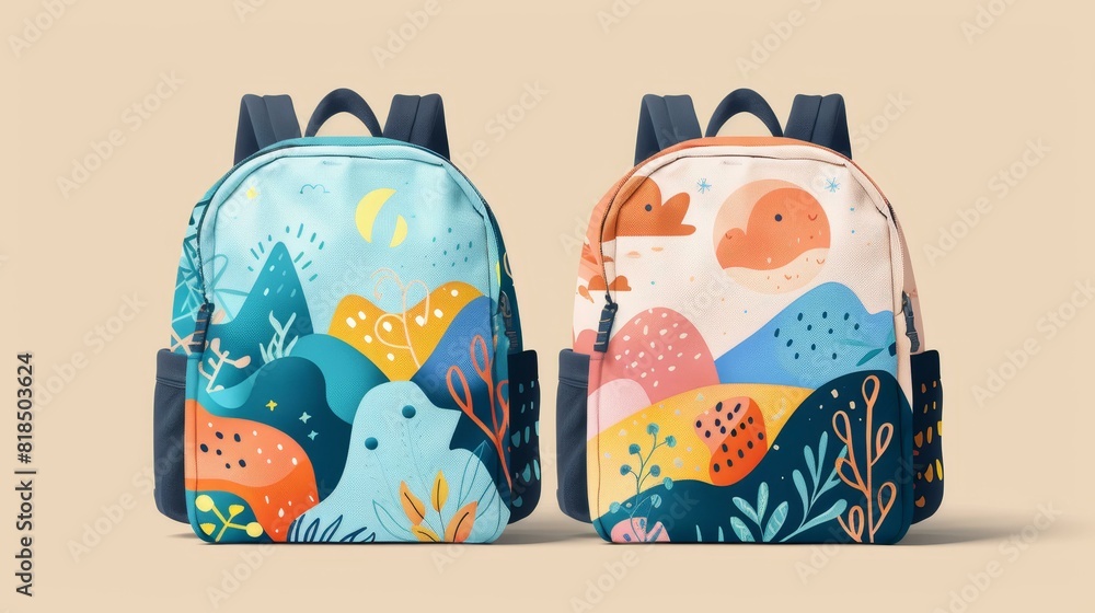 Design a charming childrens backpack mockup with playful elements on a clean background. Design a charming childrens backpack mockup with playful elements on a clean background.