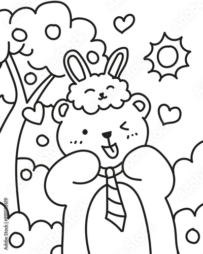 Happy cute bear and little rabbit. Coloring book
