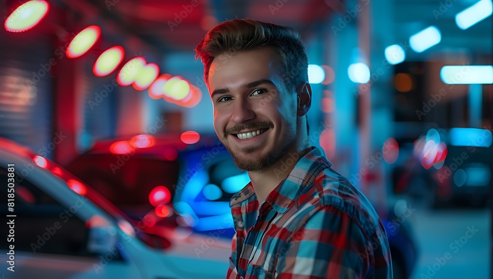 Happy Mechanic at Car Repair Shop: Close-up Portrait of Smiling Young Man Happy Mechanic at Car Repair Shop: Close-up Portrait of Smiling Young Man
