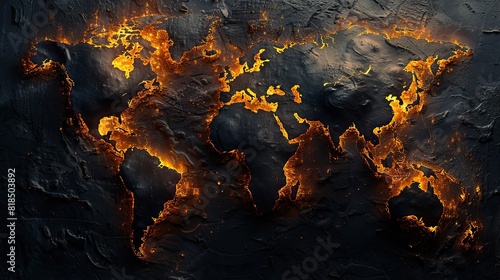 dark world map full covered with oil and carbon burned and destroyed by fire abstract conceptual illustration of global warming and environmental disaster on earth.llustration graphic
