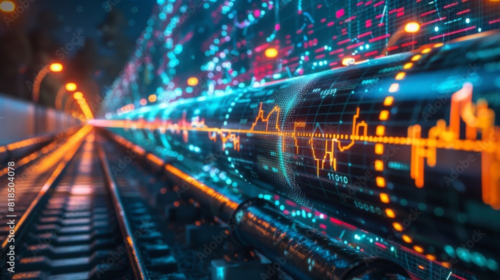 Fototapeta premium High-quality image of a gas pipeline overlaid with stock market trends and business finance data