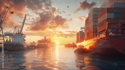 A large red ship is moored in the port against the backdrop of a beautiful sunset. The concept of tranquility and serenity