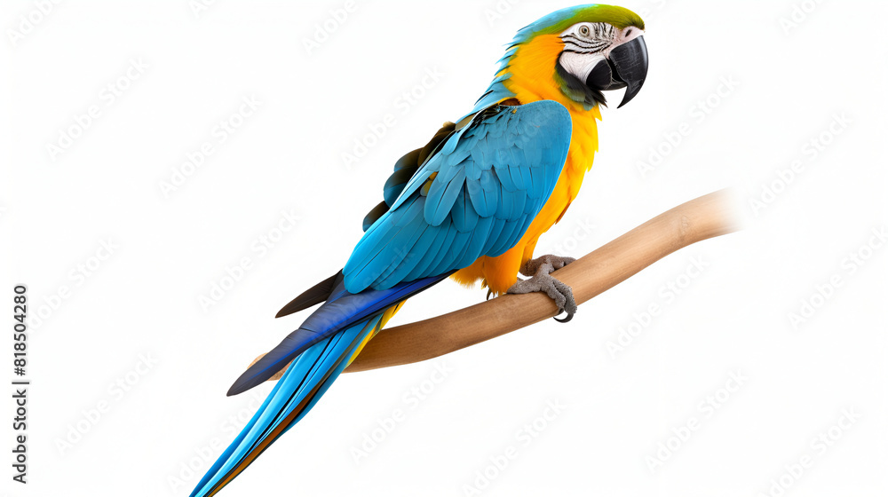 Full view blue and yellow macaw tropical bird  in front of a white background
