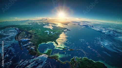 sun shining over a high detailed view of planet earth focused on north america usa and canada d illustration elements of this image furnished by nasa.stock immage photo