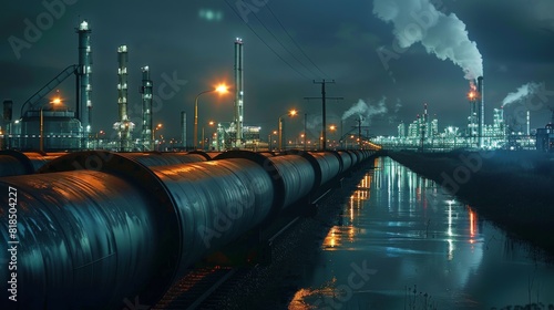 High-quality image of an oil pipeline system at night, illuminated by industrial lights