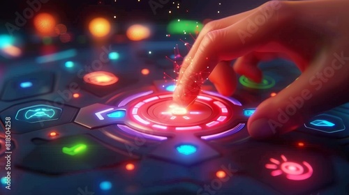 Finger pressing glowing red button on futuristic control panel with colorful lights photo