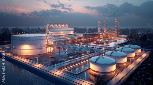 High-quality image of an oil pipeline terminal, with large storage tanks and a loading dock