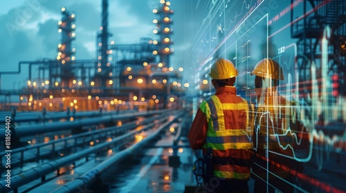 Oil pipeline engineers working, combined with digital financial graphs and stock trends photo
