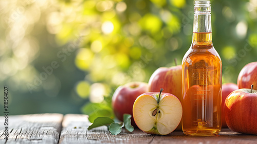 Apple Essence. A clear glass bottle filled with golden liquid rests on an old wooden surface. Surrounding it are whole and sliced red apples. background features lush green foliage illuminated by sunl photo
