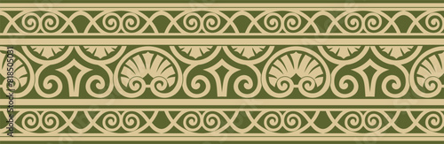 Vector gold and green seamless classic renaissance ornament. Endless european border, revival style frame