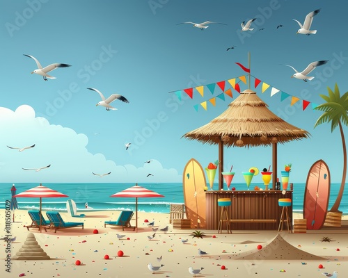 Serene Tropical Beach Scene with Bar Hut, Surfboards, Lounge Chairs, Umbrellas, Seagulls, and Decorated Sandcastles Under Clear Skies