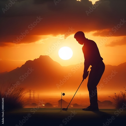 a man is playing golf with a sunset in the background.