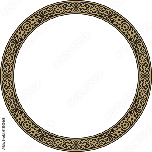 Vector gold and black round Yakut ornament. Endless circle, border, frame of the northern peoples of the Far East.