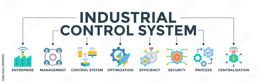 Industrial control system banner concept with icon of enterprise, management, control system, optimization, efficiency, security, process, and  centralization. Web icon vector illustration