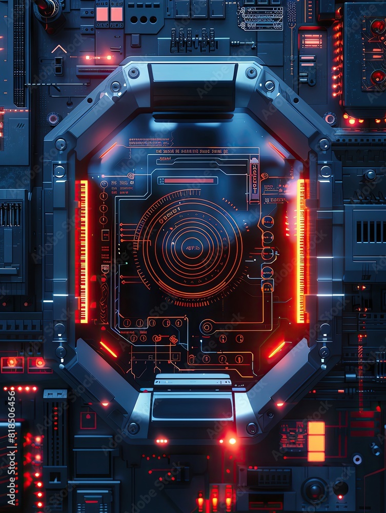 Fototapeta premium A biometric scanner illustrating secure access control, hightech background, top view, emphasizing trust in advanced security measures, cybernetic tone, complementary color scheme