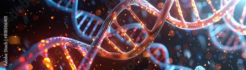 An artistic rendering of a DNA double helix, showcasing its intricate structure with vibrant colors and a futuristic background photo