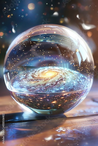 An imaginative illustration of a glass orb containing a miniature galaxy, emphasizing the cosmic and mystical elements within
