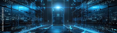 A digital fortress representing robust cybersecurity, hightech background, front view, emphasizing strength in digital protection, futuristic tone, monochromatic color scheme photo