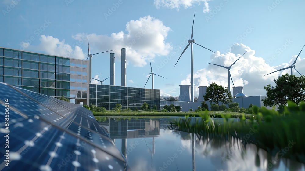 A clean energy power plant integrated with a financial institution, showcasing solar panels, wind turbines, and sustainable infrastructure A clean energy power plant integrated with a financial institution, showcasing solar panels, wind turbines, and sustainable infrastructure