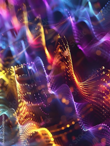 An abstract visualization of sound waves, showing their patterns and frequencies in a colorful, dynamic representation