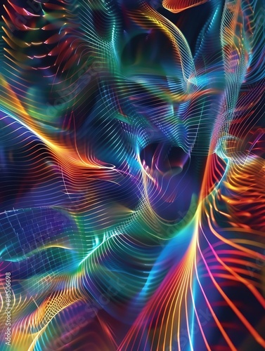 An abstract visualization of sound waves, showing their patterns and frequencies in a colorful, dynamic representation