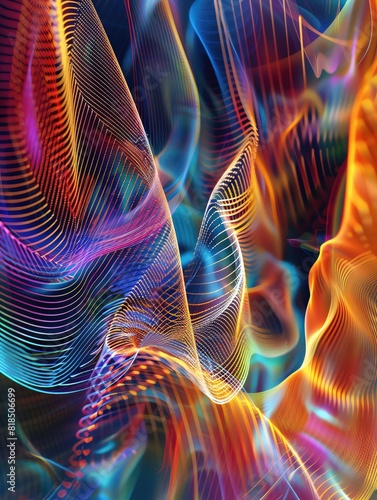 An abstract visualization of sound waves, showing their patterns and frequencies in a colorful, dynamic representation