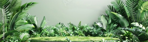 A natureinspired podium with greenery and natural textures  designed for advertising organic beauty products or wellness items