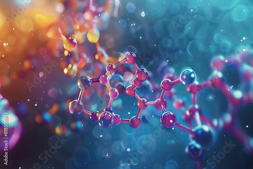 A vibrant illustration of a complex organic molecule, showcasing its intricate structure with various atoms and bonds in a dynamic, engaging design photo