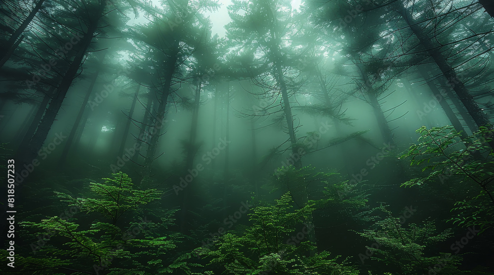 Dense green cedar forest, dusk, upward angle, mist. Generative AI.