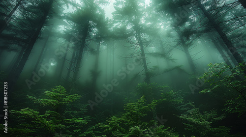 Dense green cedar forest, dusk, upward angle, mist. Generative AI.
