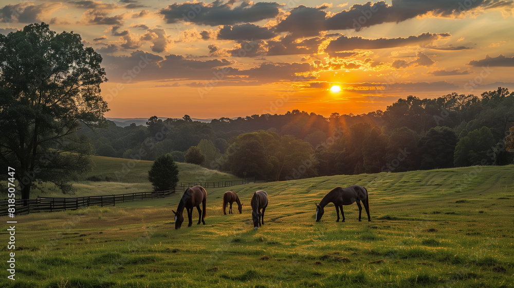 Naklejka premium Thoroughbred horses grazing at sunset in a field