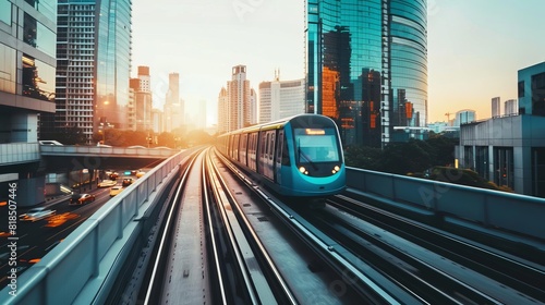 elevated train gliding through modern metropolis capturing urban dynamism and connectivity panoramic cityscape photo